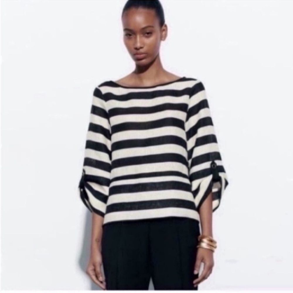 NWT Elegant  STRIPED LINEN TOP Size XS